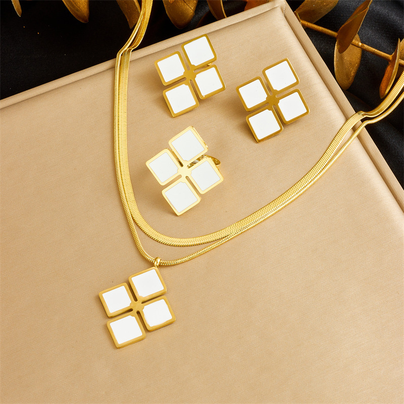 Cross-border fashion minimalist and unique black and white square diamond stainless steel stacked chain necklace, ring and earring set
