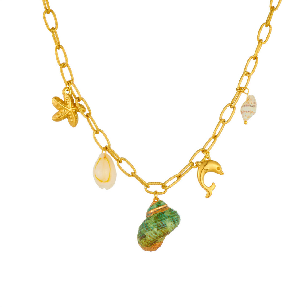 Cross-border fashion ocean beach style seashell and conch pendant retro gold-plated starfish and dolphin stainless steel chain necklace