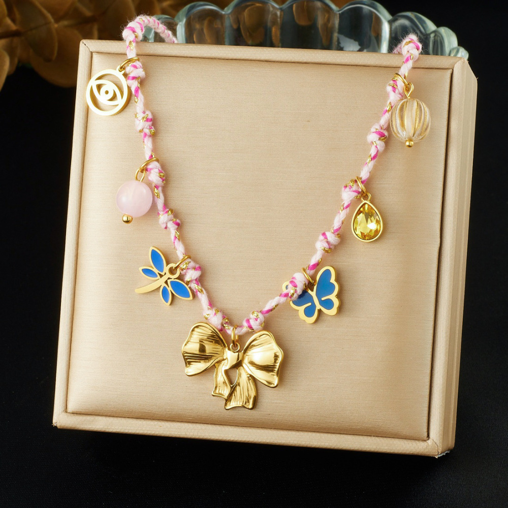 Cross-border fashion bohemian style multi-element pendant gold-plated dripping insect bow eye accessory necklace