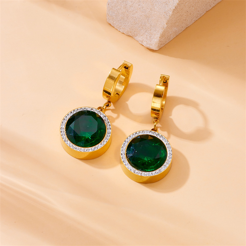 Cross-border fashion best-selling retro round diamond-encrusted emerald pendant stainless steel earrings chain bracelet necklace set