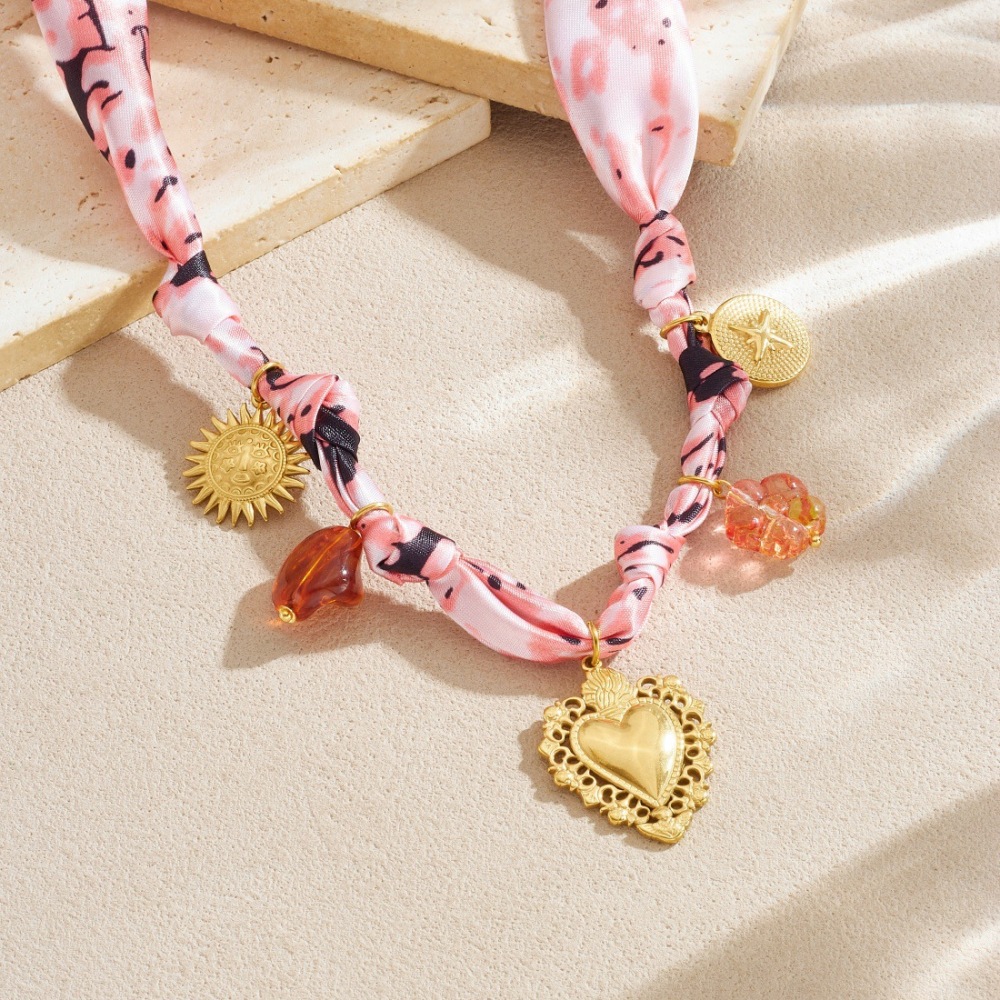 European and American cross-border light luxury retro DIY silk scarf gold-plated lace heart compass sun pendant knotted jewelry set