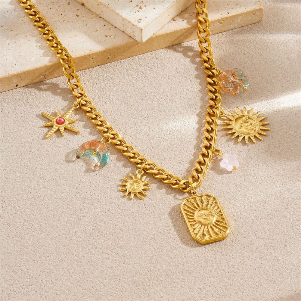 New cross-border creative multi-element acrylic gradient moon flower eight-pointed star face sun gold-plated set