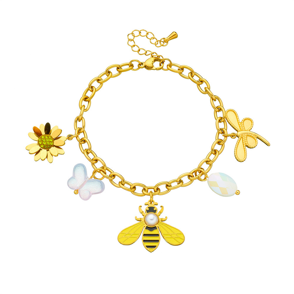 New cross-border product: Gold-plated multi-element accessories, insect and animal pendant, butterfly, bee, flower, stainless steel chain bracelet.