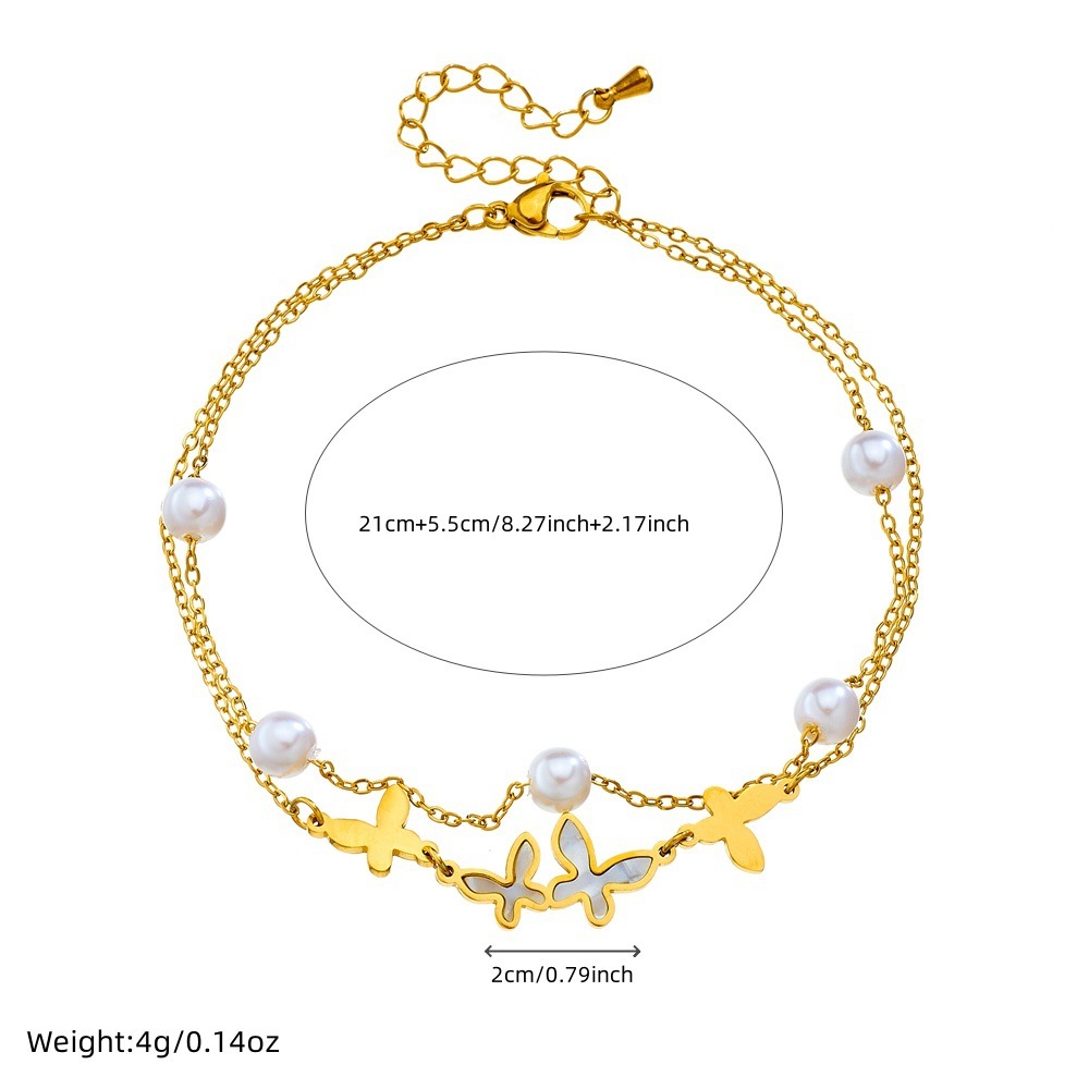 Niche minimalist retro layered double pearl butterfly pendant stainless steel gold-plated jewelry women's anklet