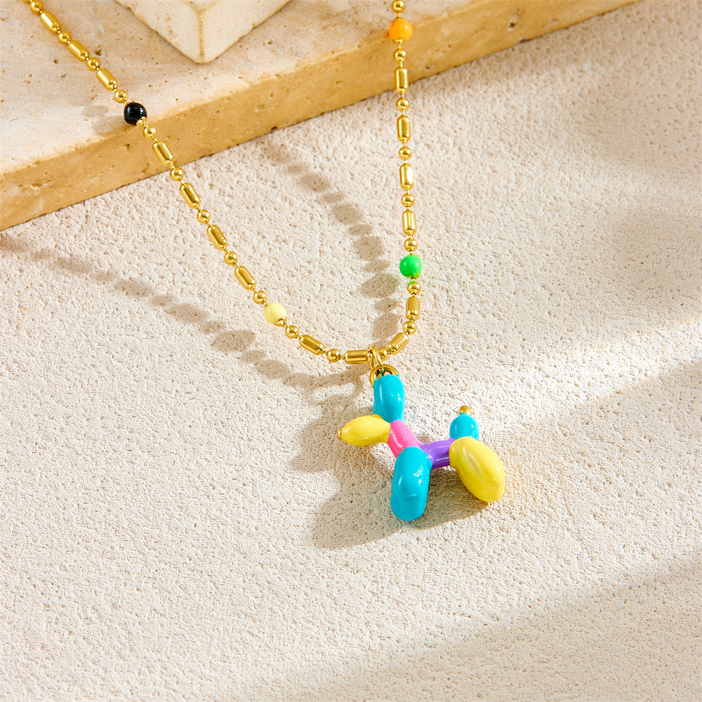Korean style cartoon dripping colored balloon dog cute 3D dog pendant round bead chain stainless steel necklace