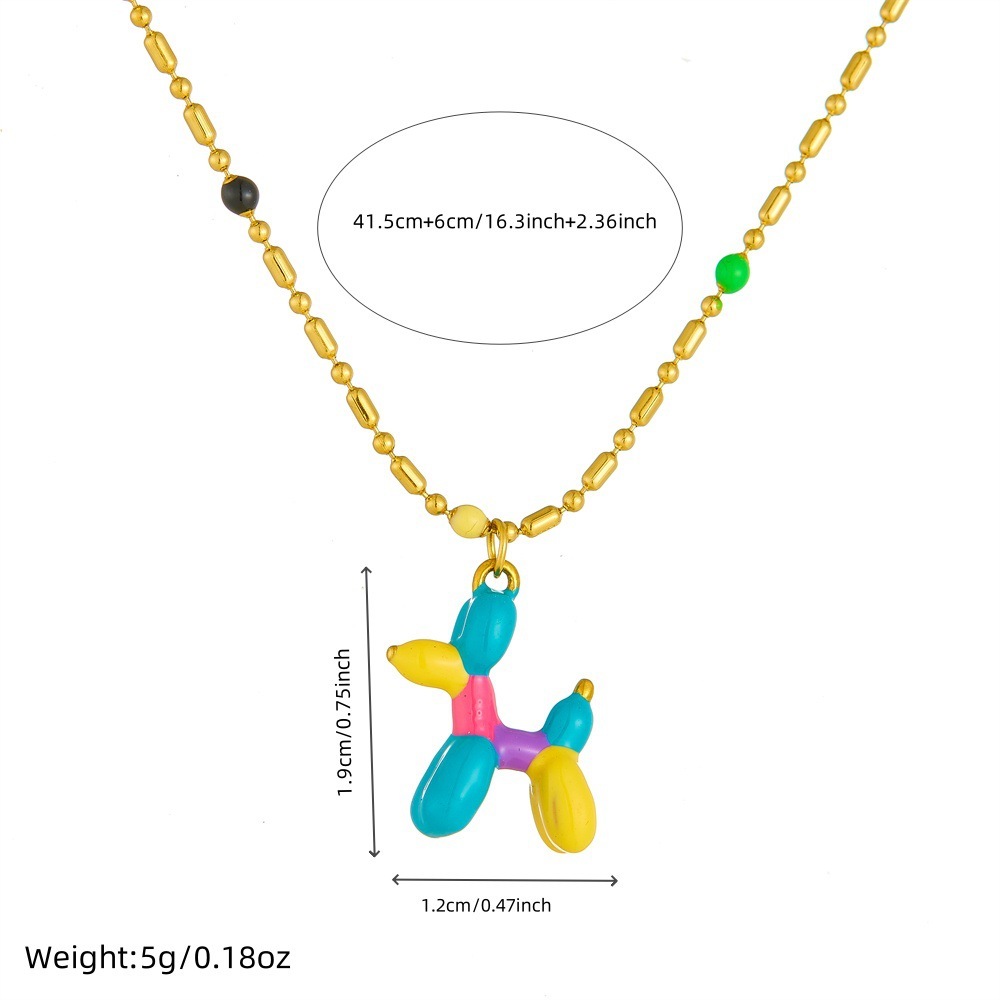 Korean style cartoon dripping colored balloon dog cute 3D dog pendant round bead chain stainless steel necklace