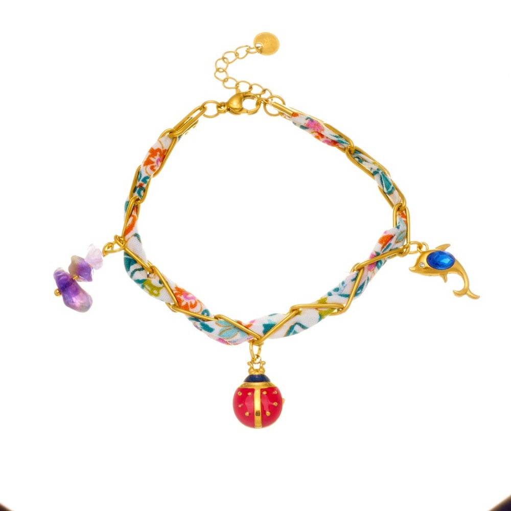 Cross-border fashion printed silk scarf, stainless steel oil-drop ladybug pearl shell small fish dolphin pendant gift bracelet