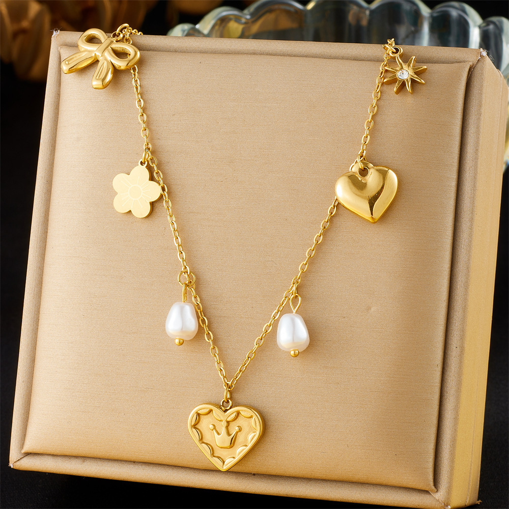 Korean style, fashionable and simple design, multi-element accessories, stainless steel heart crown bow pearl chain necklace