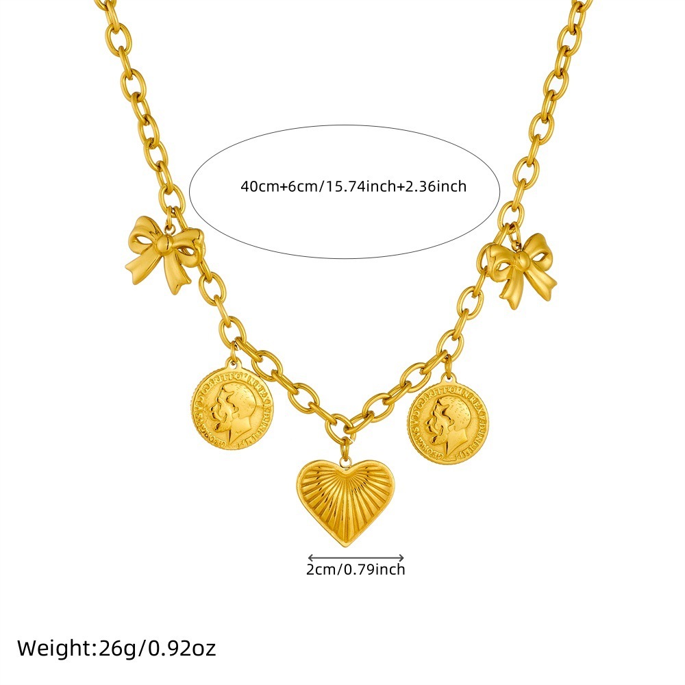 European and American retro gold-plated heavy-duty O-chain stainless steel portrait round pendant bow heart chain necklace