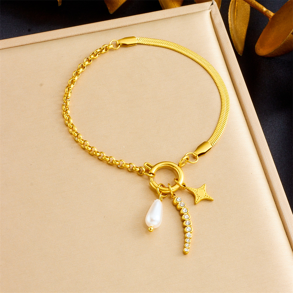 Cross-border fashion, elegant and versatile gold-plated heart-shaped square white shell pearl teardrop pendant irregular stainless steel bracelet