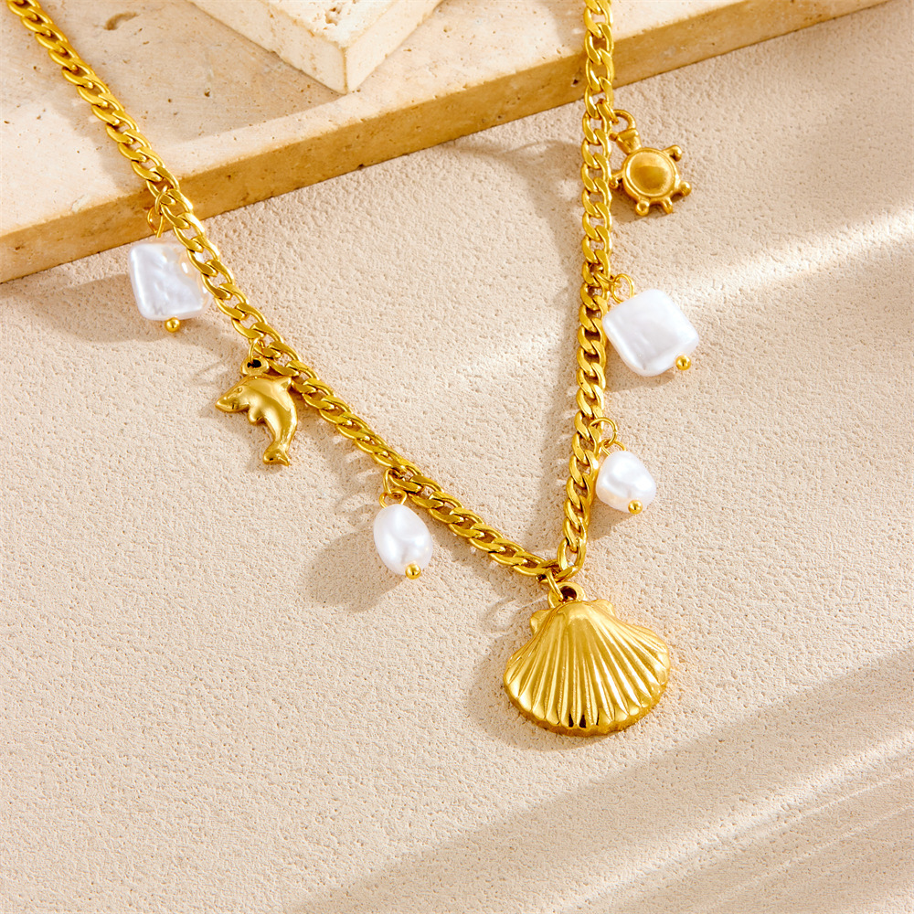 European and American cross-border stainless steel gold-plated seashell dolphin turtle pearl square pendant chain ocean series necklace