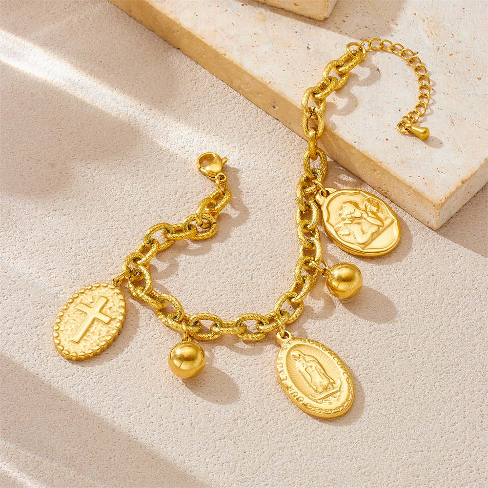 Cross-border fashion gold-plated retro stainless steel oval portrait coin pendant chain jewelry set