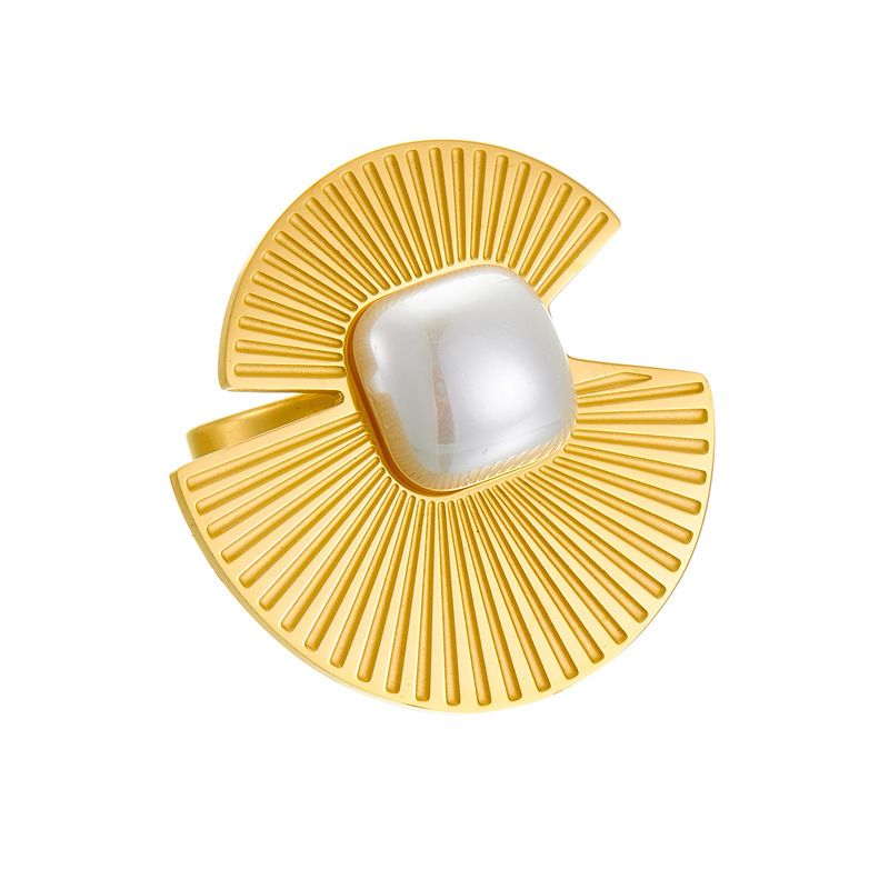 European and American style, retro and high-end, pearl square fan-shaped geometric accessory, stainless steel open ring