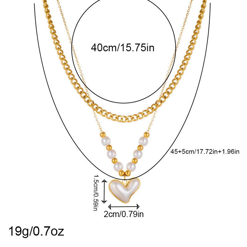 European and American style retro-style double-layer stainless steel necklace with pearl, heart, cross, and eye inlays.
