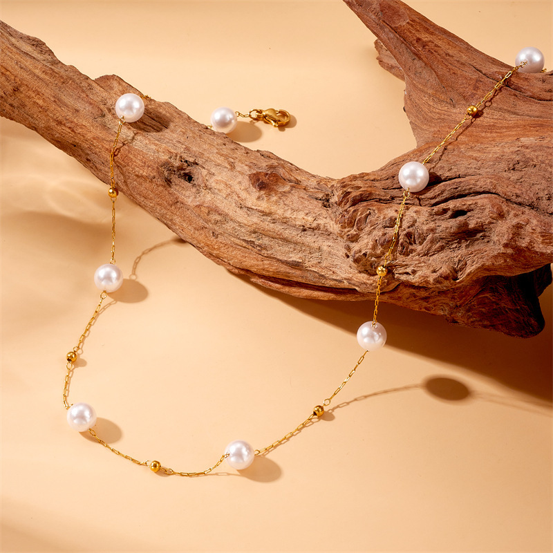 European and American style retro minimalist round pearl accessory chain stainless steel necklace