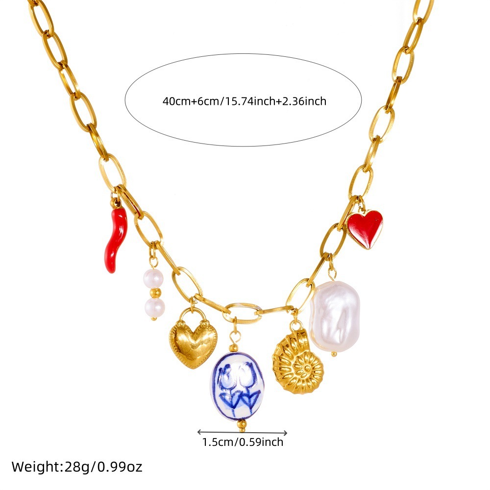 Fashionable cross-border multi-element pendant, gold-plated heart-shaped seashell print, painted pendant, dripping peach heart chili pepper necklace