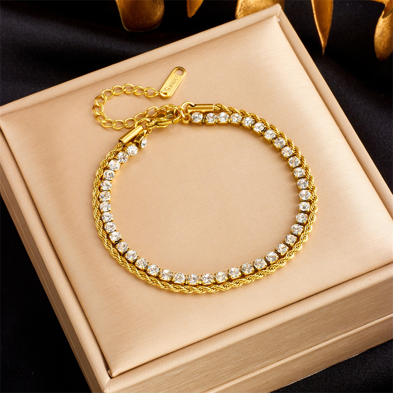 European and American style niche light luxury versatile metal minimalist style gold-plated titanium steel diamond-encrusted twisted chain double layer bracelet