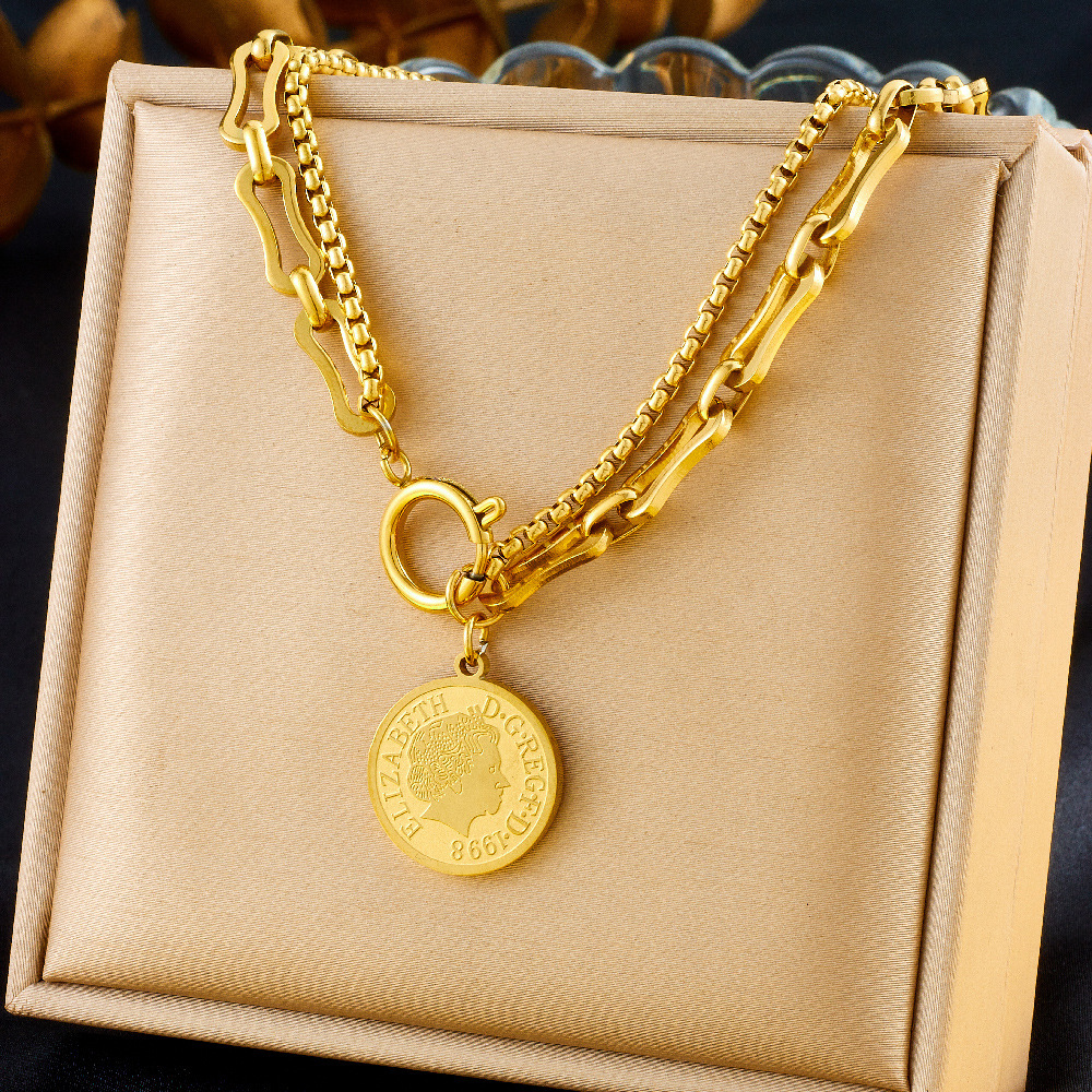 European and American style retro unisex gold-plated stainless steel coin, round, star pendant, tassel earrings, necklace, bracelet