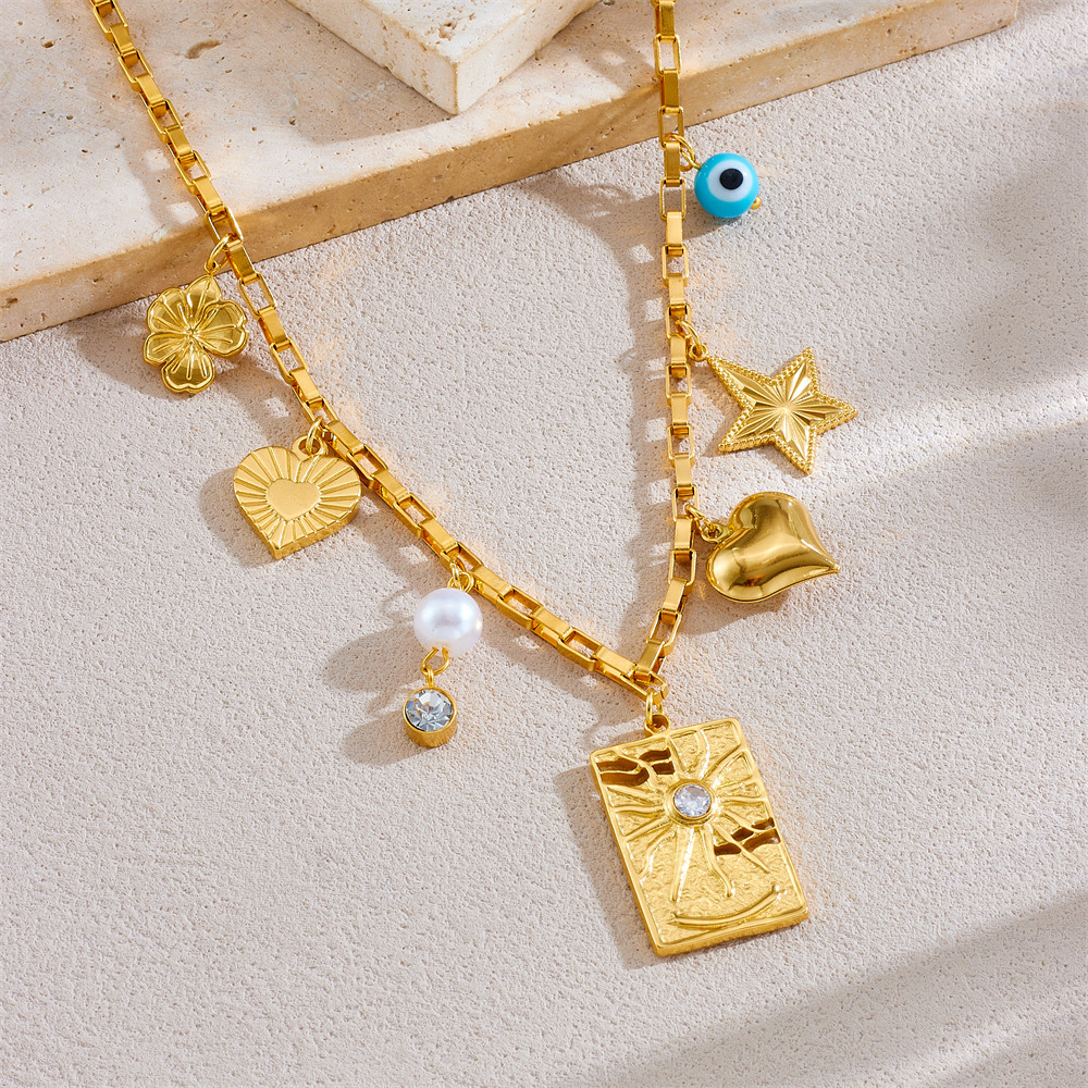 European and American cross-border multi-element gold-plated accessories pendant stainless steel square sun heart five-pointed star eye necklace