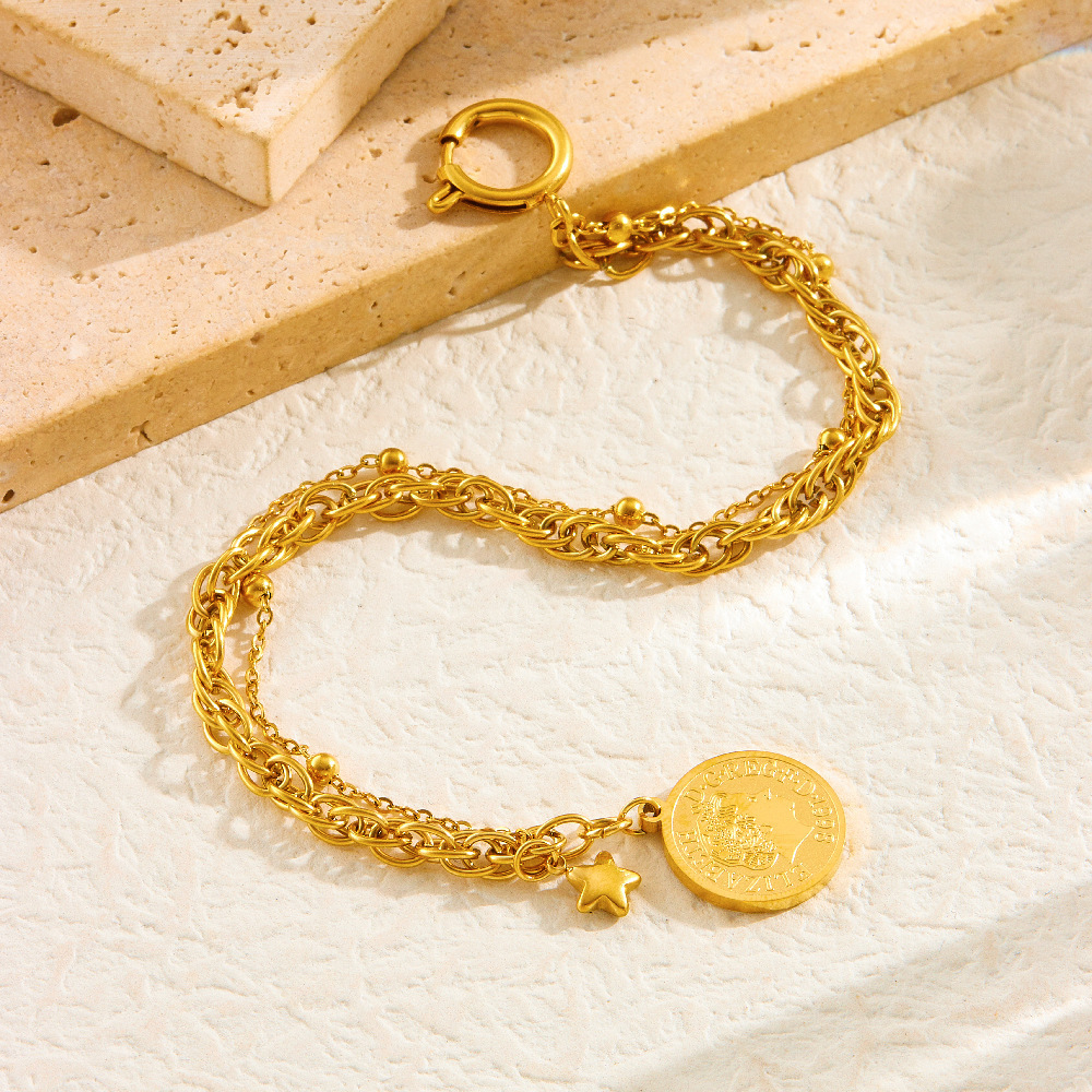 European and American style retro unisex gold-plated stainless steel coin, round, star pendant, tassel earrings, necklace, bracelet