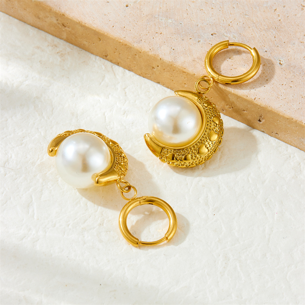 European and American cross-border French retro Baroque pearl moon gold-plated pendant stainless steel jewelry earrings