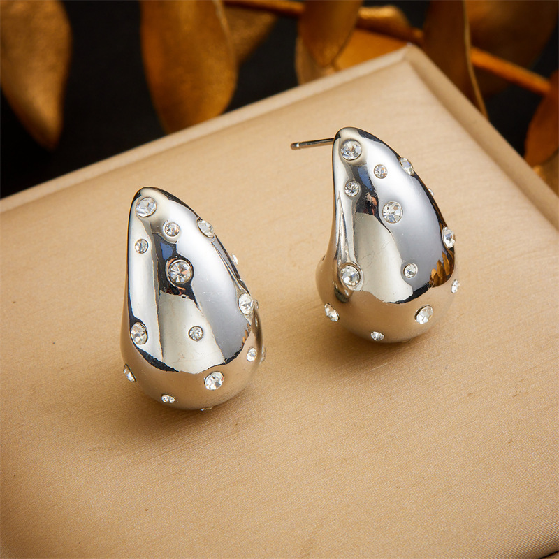 European and American style high-end minimalist diamond-encrusted gold-plated stainless steel teardrop earrings