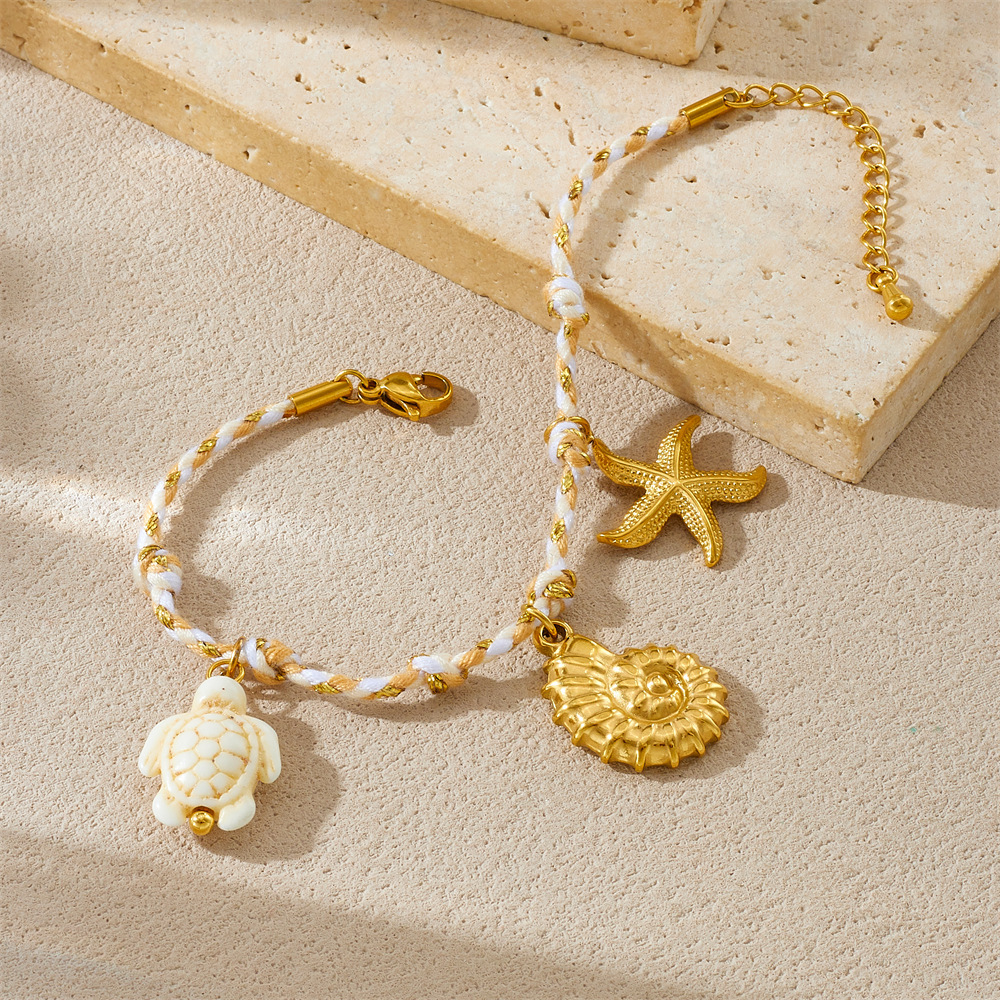 Korean style fashion cross-border ocean series starfish, conch, turtle pendant stainless steel woven rope simple jewelry bracelet