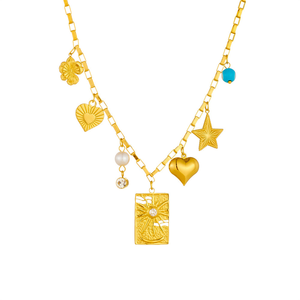 European and American cross-border multi-element gold-plated accessories pendant stainless steel square sun heart five-pointed star eye necklace