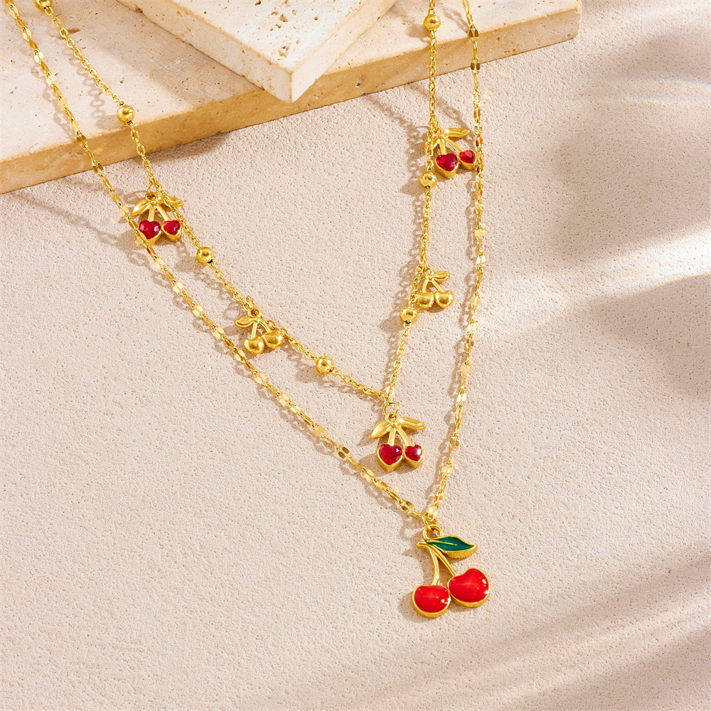 Cross-border fashion diamond-encrusted cherry fruit pendant, large and small, stackable chain, stainless steel gold-plated jewelry necklace