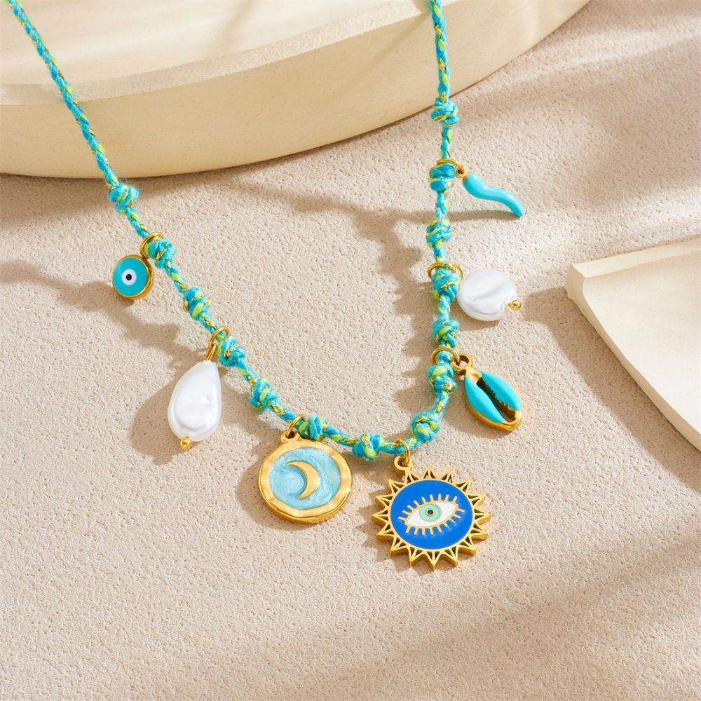 European and American trendy braided seashell moon drop stainless steel women's sun eye pendant necklace