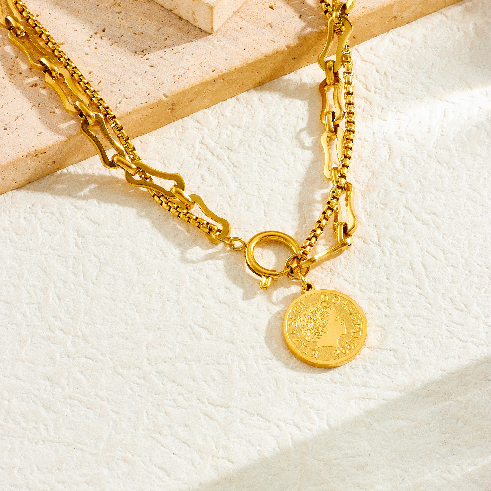 European and American style retro unisex gold-plated stainless steel coin, round, star pendant, tassel earrings, necklace, bracelet