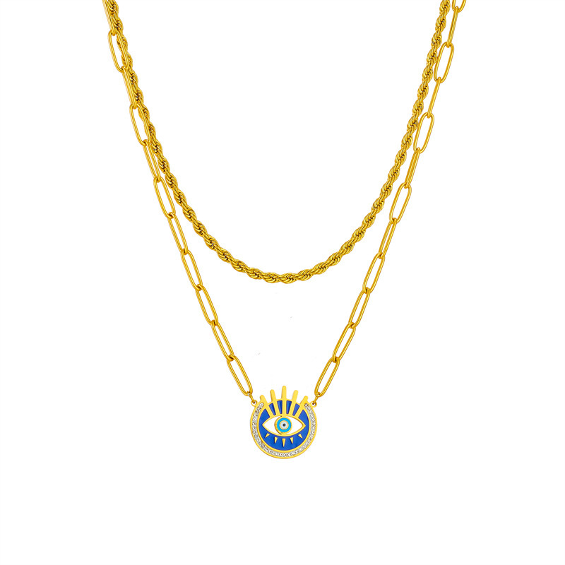 European and American cross-border niche fashion creative minimalist metal box chain double-layered diamond-encrusted blue eye pendant necklace