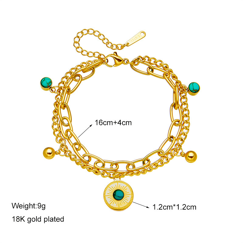 European and American cross-border niche minimalist fashion high-end double-layer retro gold titanium steel round pendant blue turquoise bracelet