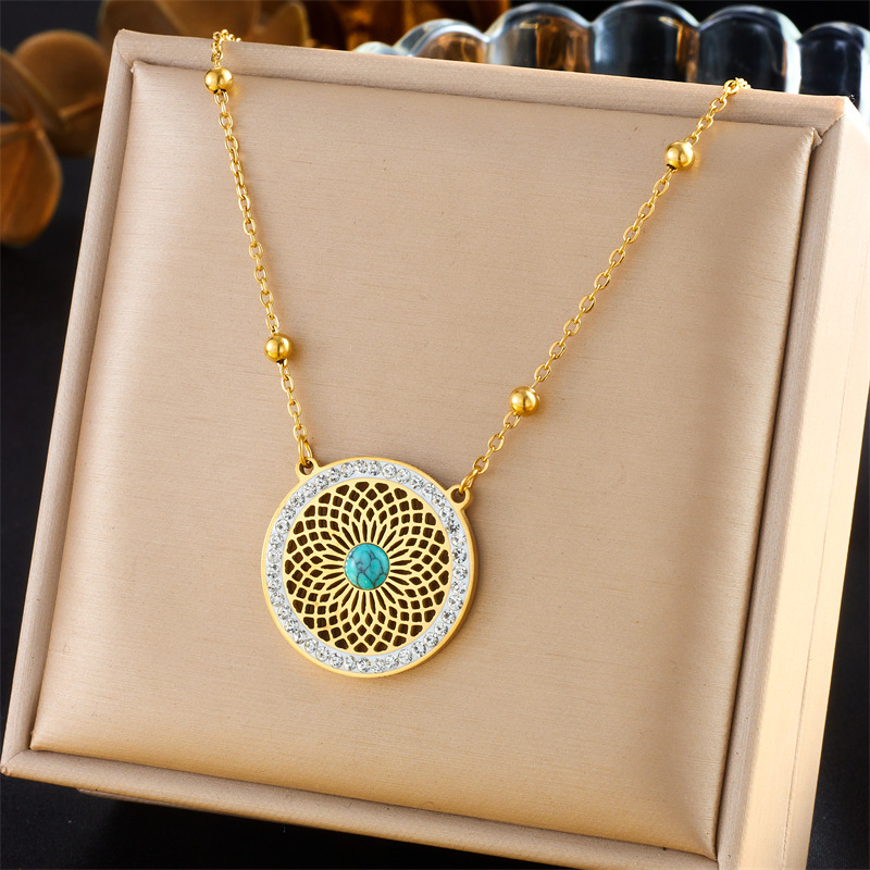 European and American niche style retro ethnic style hollowed-out pattern turquoise inlaid stainless steel earrings and necklace set