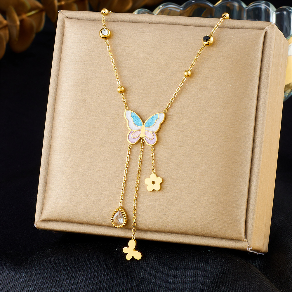 Korean-style fashionable design color-blocked butterfly and flower teardrop pendant chain tassel stainless steel clavicle necklace
