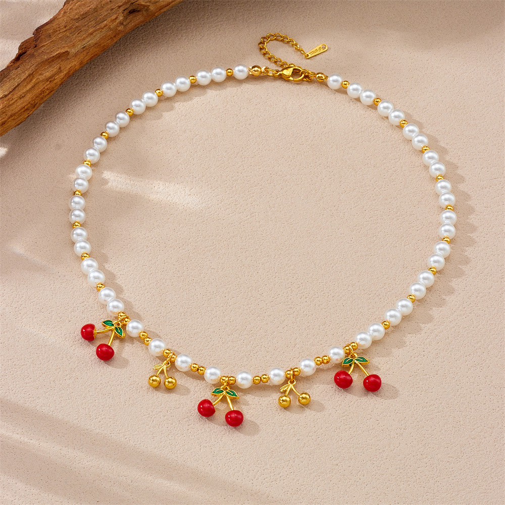 New cross-border fruit series cherry blossom pendant beaded necklace, fresh and sweet, perfect for everyday wear.