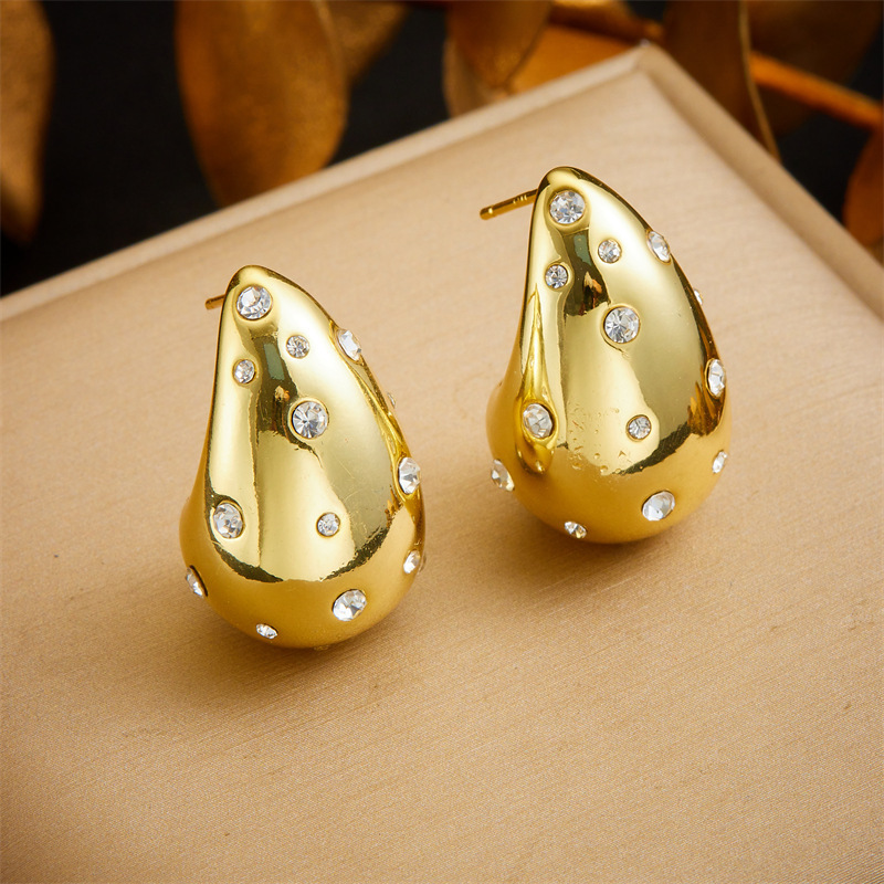 European and American style high-end minimalist diamond-encrusted gold-plated stainless steel teardrop earrings