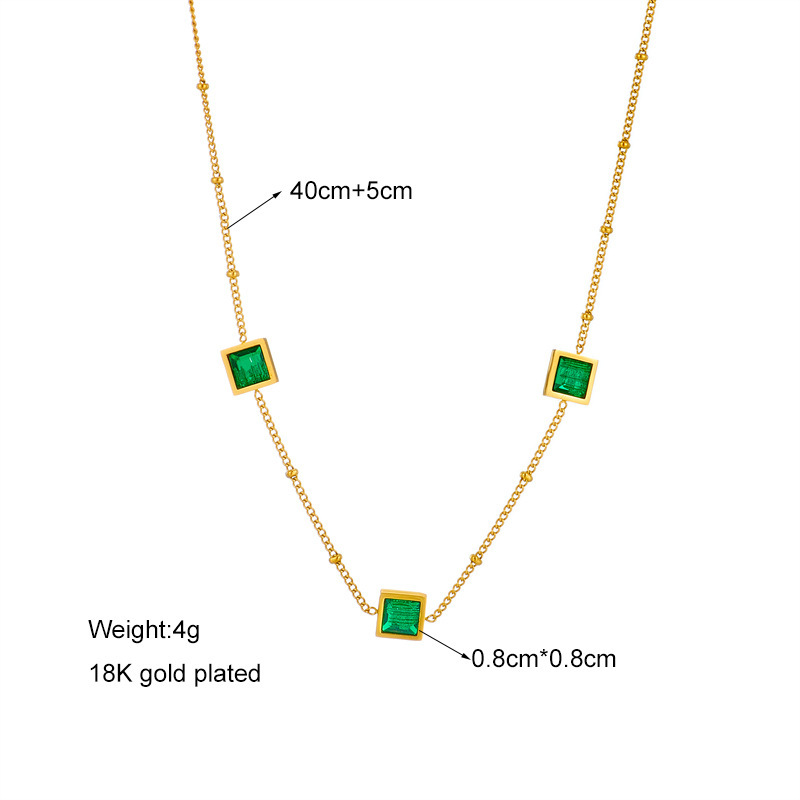 European and American cross-border fashion minimalist retro niche light luxury versatile square green diamond titanium steel chain necklace exquisite