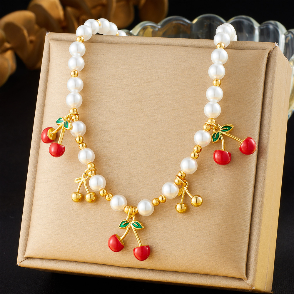 New cross-border fruit series cherry blossom pendant beaded necklace, fresh and sweet, perfect for everyday wear.