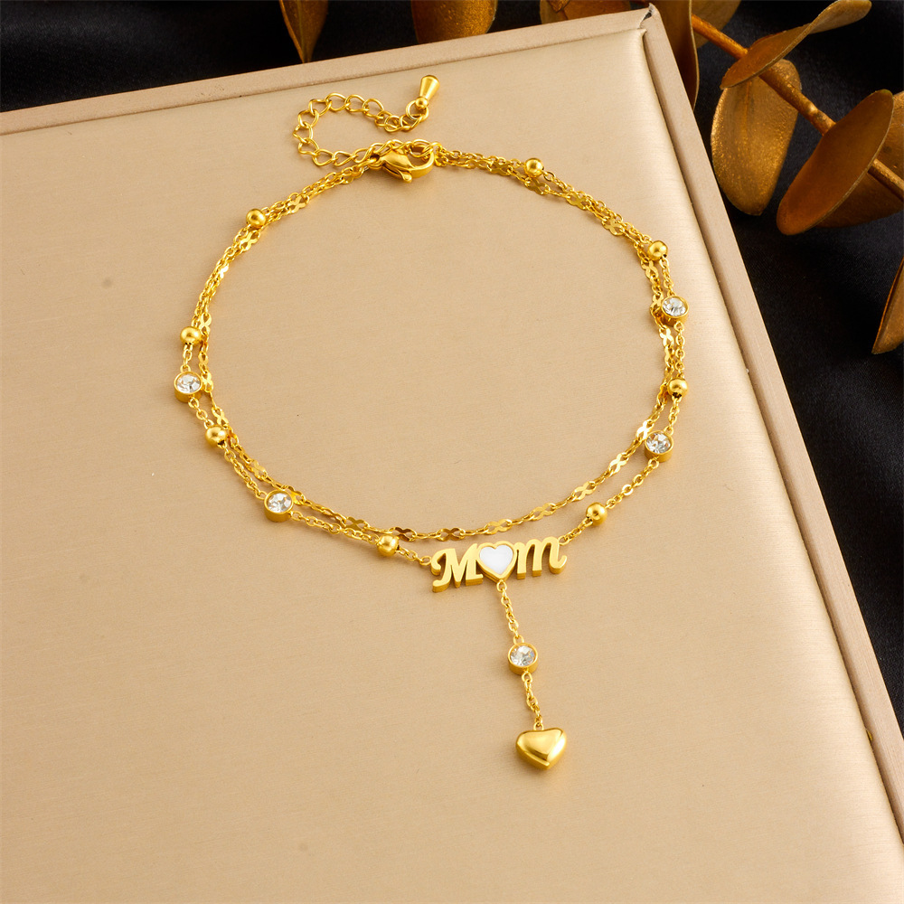 Korean style niche diamond-encrusted heart letter mom tassel chain stackable stainless steel jewelry gold-plated women's anklet