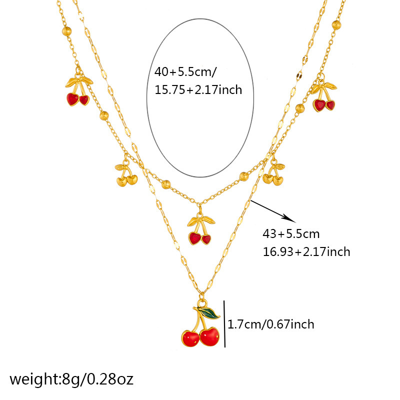 Cross-border fashion diamond-encrusted cherry fruit pendant, large and small, stackable chain, stainless steel gold-plated jewelry necklace