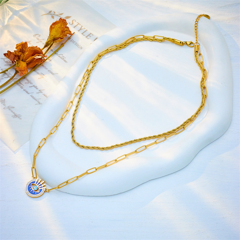 European and American cross-border niche fashion creative minimalist metal box chain double-layered diamond-encrusted blue eye pendant necklace