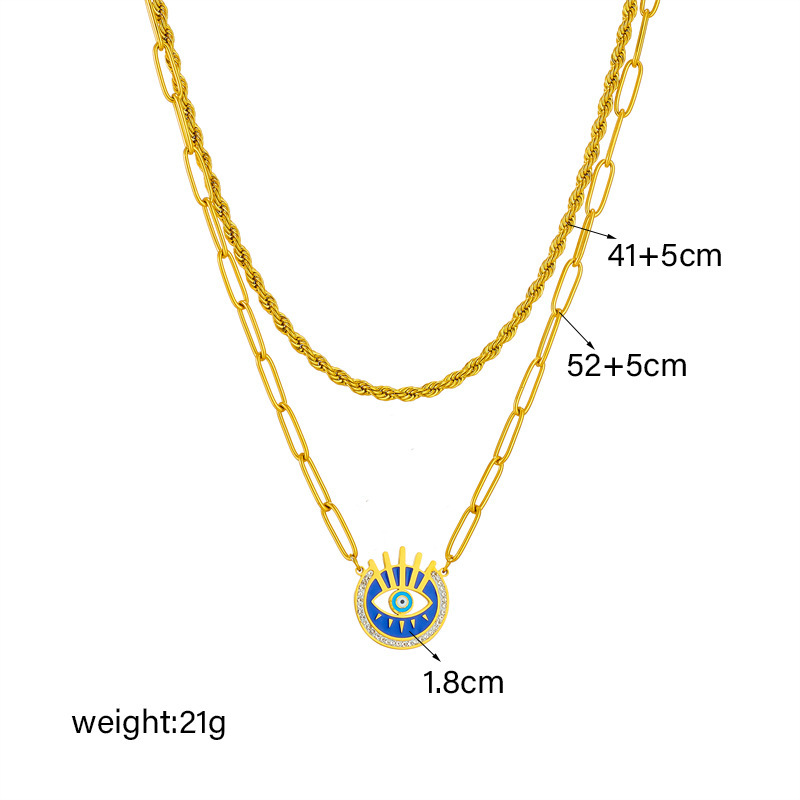 European and American cross-border niche fashion creative minimalist metal box chain double-layered diamond-encrusted blue eye pendant necklace
