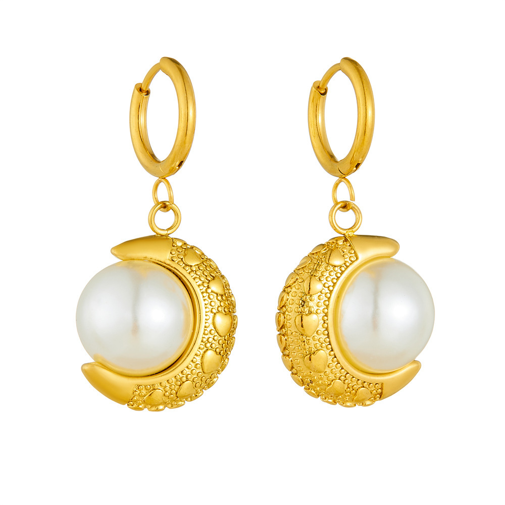 European and American cross-border French retro Baroque pearl moon gold-plated pendant stainless steel jewelry earrings