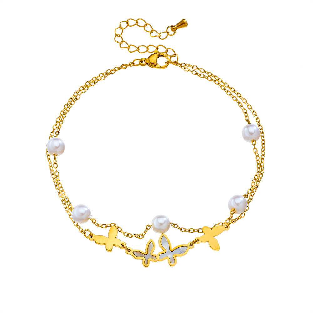 Niche minimalist retro layered double pearl butterfly pendant stainless steel gold-plated jewelry women's anklet
