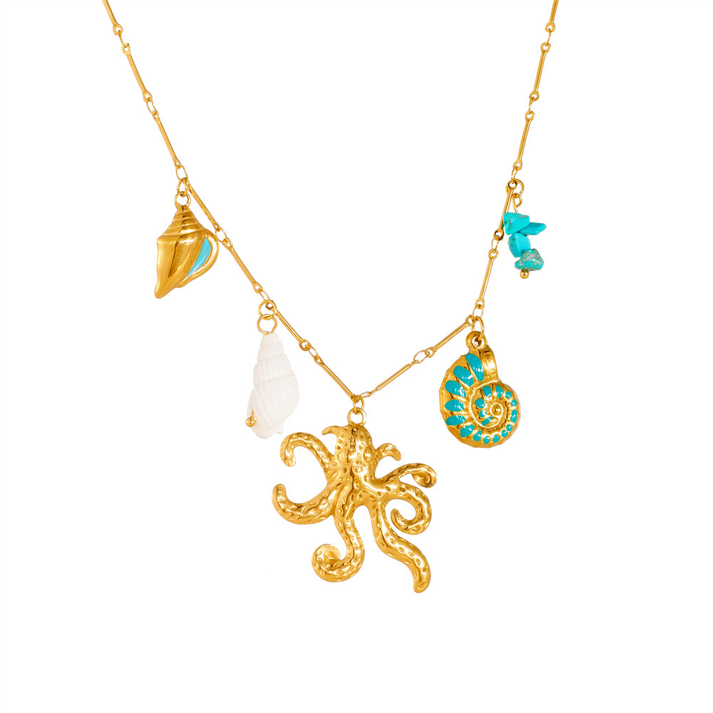 Fashionable, creative, and unique bamboo-joint delicate chain, gold-plated, oil-sprinkled blue conch, octopus, and pebble pendant necklace.