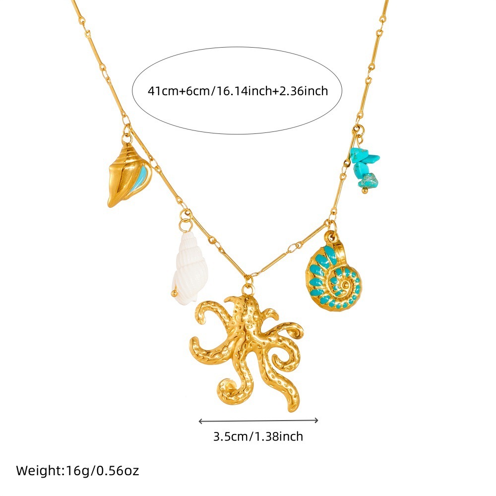 Fashionable, creative, and unique bamboo-joint delicate chain, gold-plated, oil-sprinkled blue conch, octopus, and pebble pendant necklace.