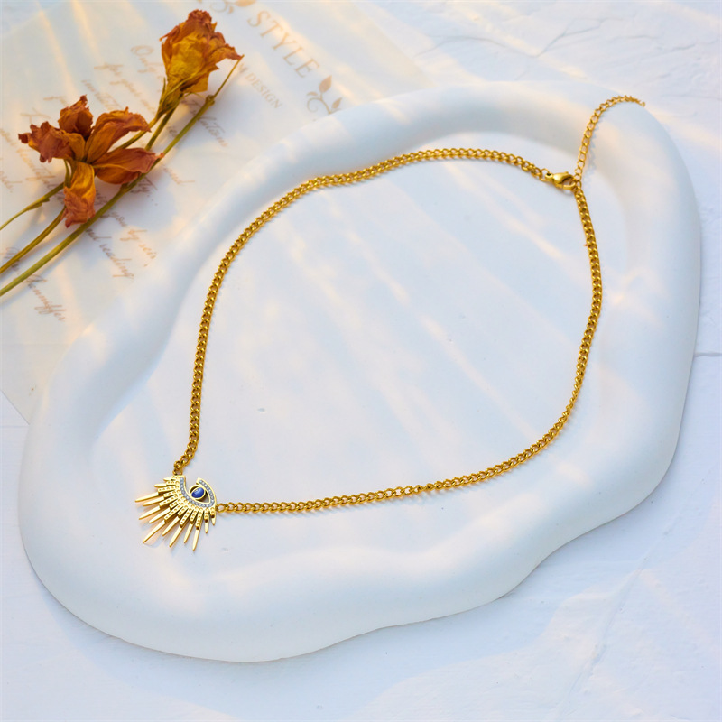 European and American cross-border fashion, high-end irregular sun demon blue eye diamond pendant titanium steel necklace