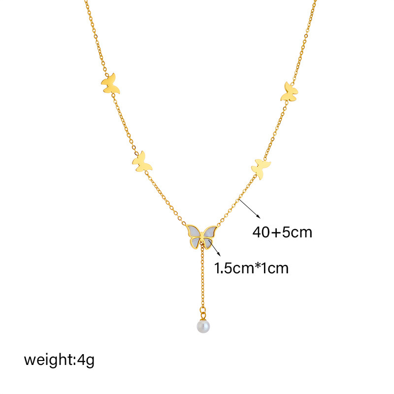 European and American style, simple, light luxury, elegant titanium steel metal chain tassel pearl butterfly pendant necklace.
