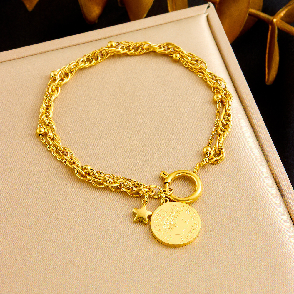 European and American style retro unisex gold-plated stainless steel coin, round, star pendant, tassel earrings, necklace, bracelet